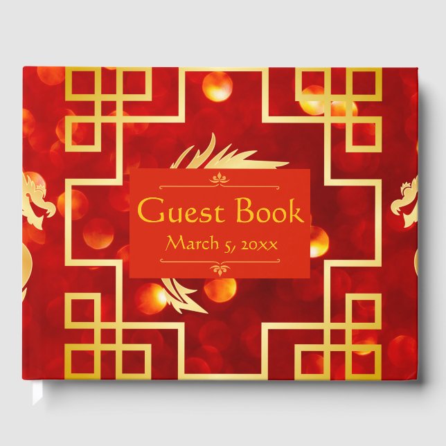 Röda och Guld Dragon Bröllop Guest Bok (Framsida)