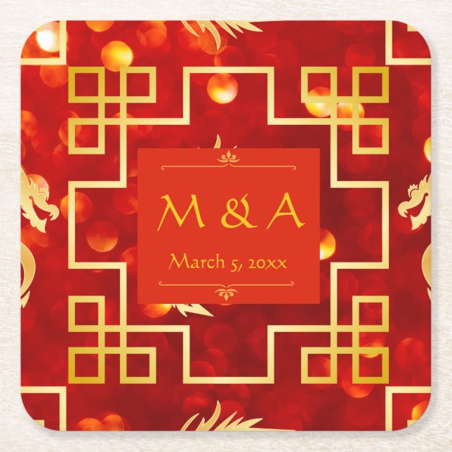 Röda och Guld Dragon Bröllop Underlägg Papper Kvadrat (Framsidan)