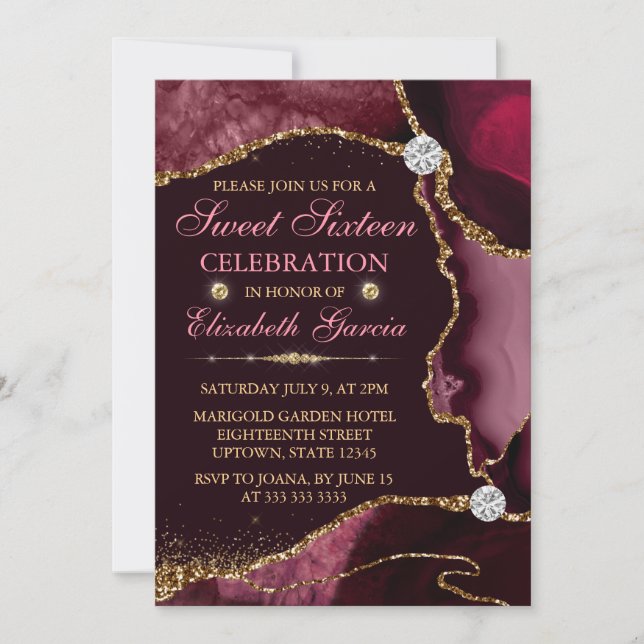 Röda och Guld Faux Glitter Agate Sweet sixteen Inbjudningar (Framsida)