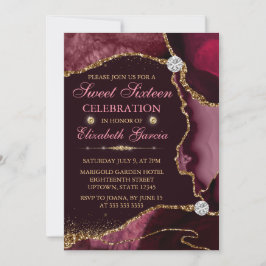 Röda och Guld Faux Glitter Agate Sweet sixteen Inbjudningar