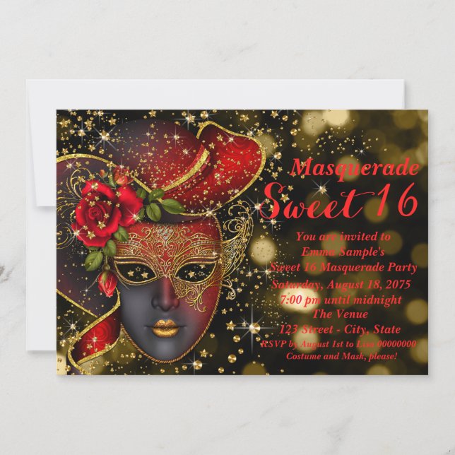 Röda och Guld Glitter Masquerade Party Inbjudningar (Framsida)
