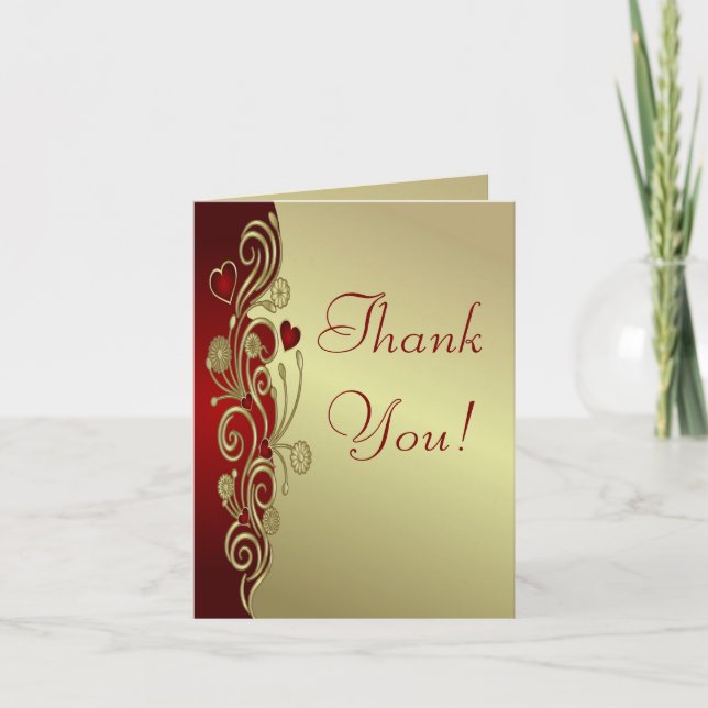 Röda och Guld Hjärtan och Rullar Tack Kort (Framsida)