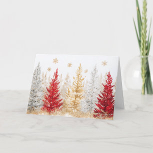 Röda och Guld Julgranar med Snöflingor Kort