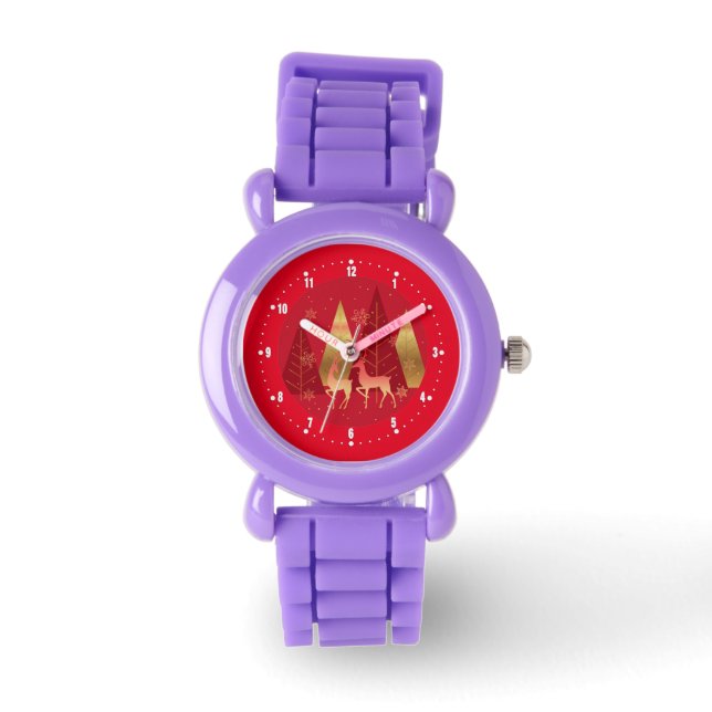 Röda och guld Julgranar och hjort Armbandsur (Framsida)