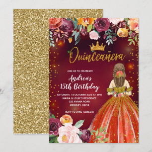 Röda och Guld mexikanska prinsessan Quinceañera Bi Inbjudningar