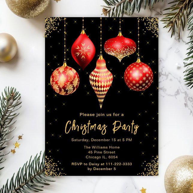 Röda och Guld Ornament Julfest Inbjudningar (Skapare uppladdad)