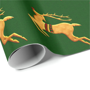 Röda och Guld rener på Grönt Damask Presentpapper