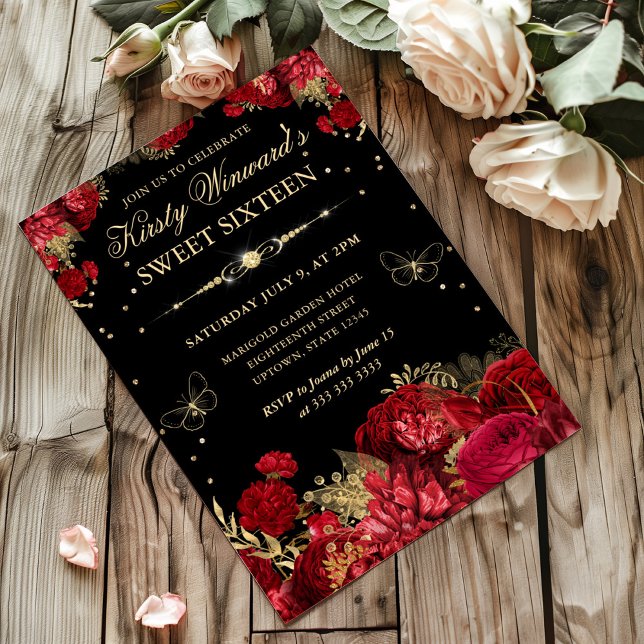 Röda och Guld Ro Gräns Blommigt Sweet sixteen Inbjudningar (Skapare uppladdad)