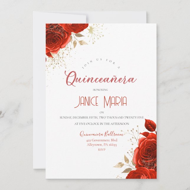 Röda och Guld Ro Quinceañera-inbjudan Inbjudningar (Framsida)