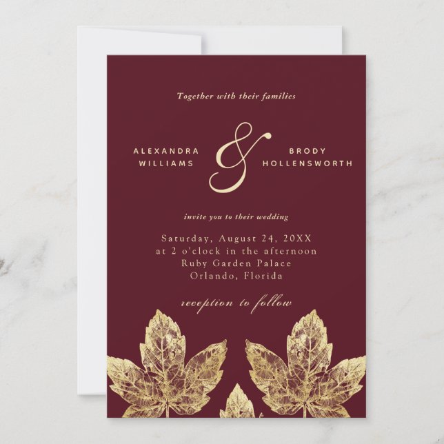 Röda och Guld Rustic Gold Foil Löv Bröllop Inbjudningar (Framsida)