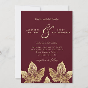 Röda och Guld Rustic Gold Foil Löv Bröllop Inbjudningar