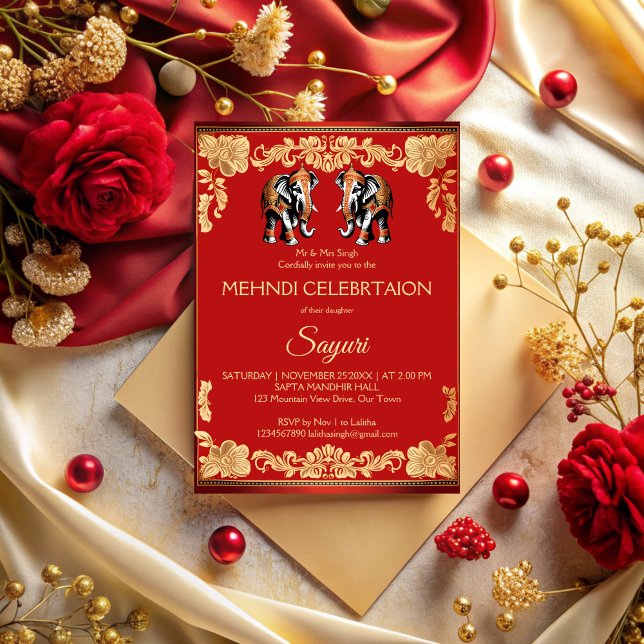 Röda och gyllene elefanter indisk bröllops mehndi inbjudningar (Red and gold elephants Indian wedding mehndi Invitation cards template)