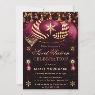 Röda och gyllene glitterkulor Sweet Sixteen Inbjudningar