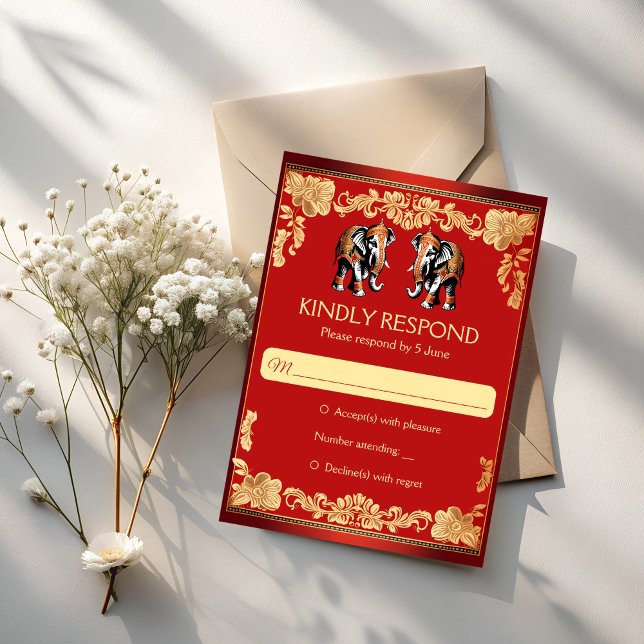 Röda och gyllene indiska brudslagar elefanter OSA kort (Red and gold elephants Indian wedding  RSVP Cards Hindu wedding invitations suite)
