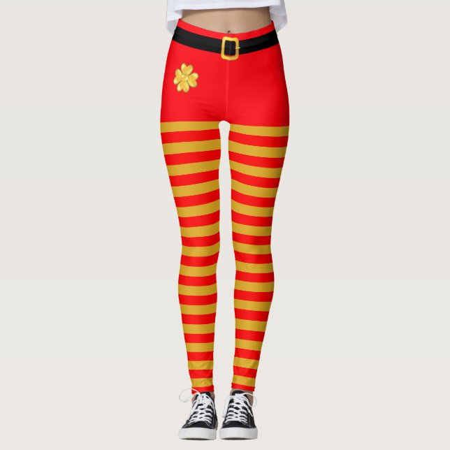 Röda och gyllene jul-tomte randiga leggings (Framsida)