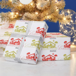Röda och gyllene julglädje krubba presentpapper