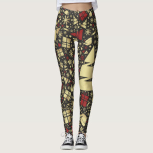 Röda och gyllene Julgran Snöflingor och stjärnor Leggings