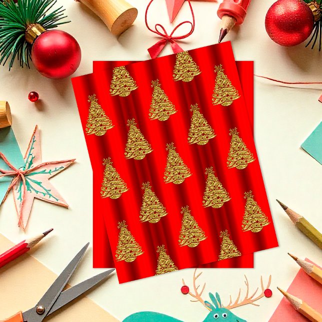 Röda och gyllene julgranar Scrapbookpapper (Red and Gold Christmas Trees Scrapbook Paper by the Olde Christmas Shoppe)
