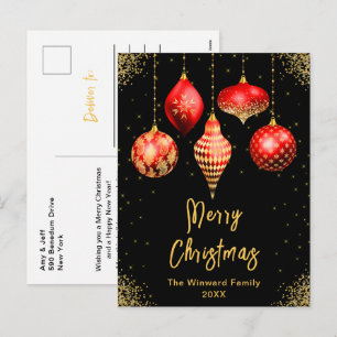 Röda och Gyllene Ornament God Jul Helg Vykort