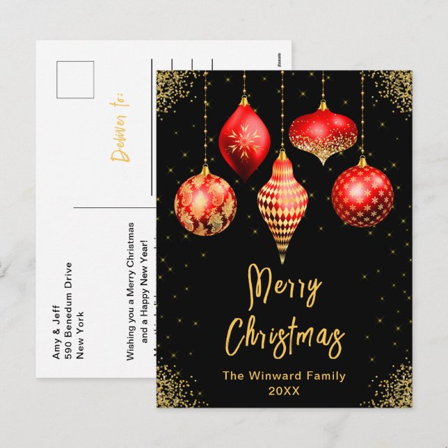 Röda och Gyllene Ornament God Jul Helg Vykort (Fram/baksida)