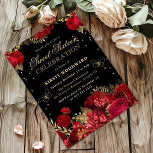 Röda och gyllene rosor Blommig Sweet Sixteen Inbju Inbjudningar