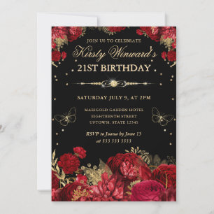 Röda och gyllene rosor Kant Blommig 21-årsdag Inbjudningar