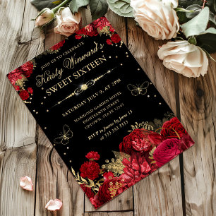 Röda och Gyllene Rosor Kant Floral Sweet Sixteen Inbjudningar