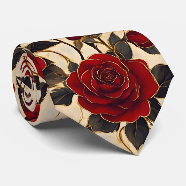 Röda och gyllene rosor på krämig bakgrund slips (Rullad)
