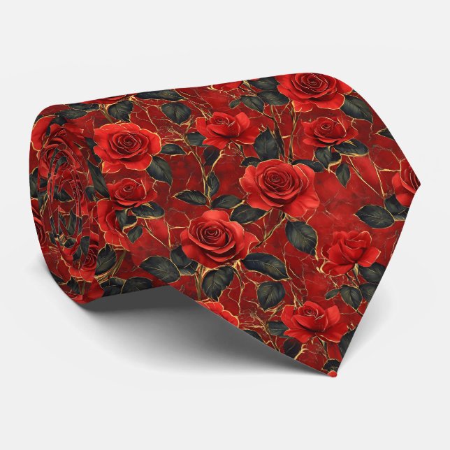 Röda och gyllene rosor på rött slips (Rullad)