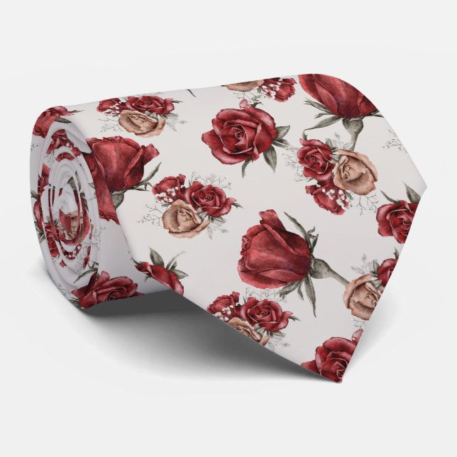 Röda och gyllene rosor på vitt slips (Rullad)