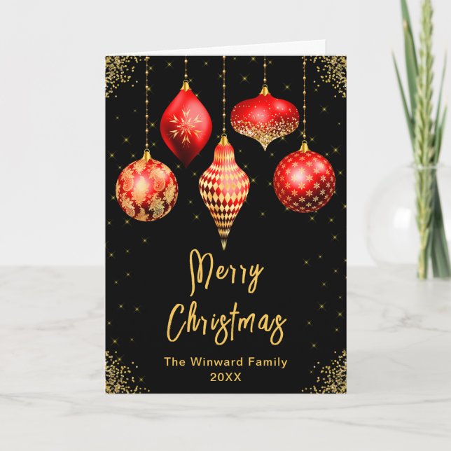 Röda och gyllene utsmyckningar God Jul Helgkort (Framsida)