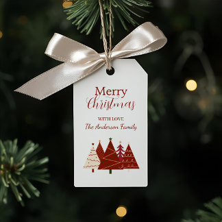Röda och krämfärgade festliga träd julklappsetiket presentetikett
