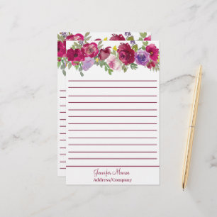 Röda och lila akvarellblommor personliga brevpapper