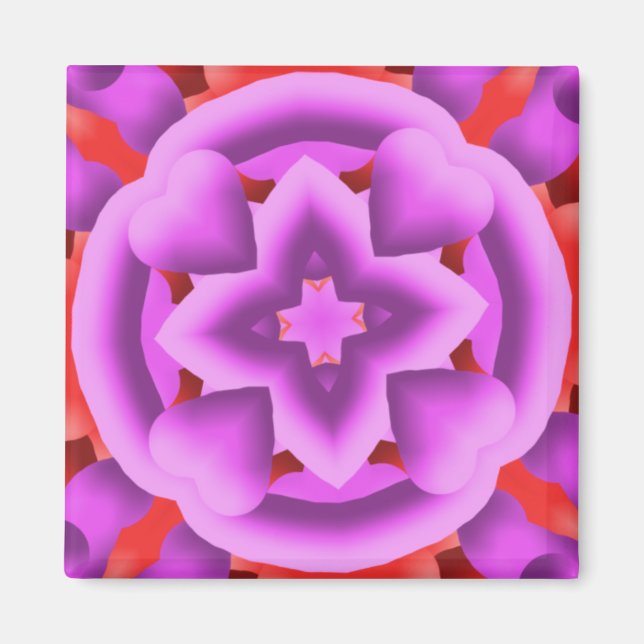 Röda och lila hjärtan och diamantkalejdoskop magnet (Framsidan)