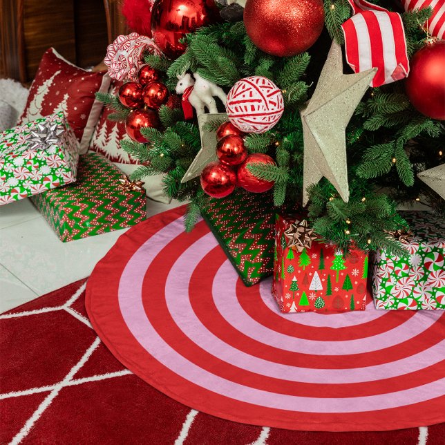 Röda och ljusrosa ringmönster julgransmatta borstad polyester (Red and Light Pink Rings Pattern Brushed Polyester Tree Skirt)