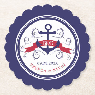 Röda och marinblå nautiska ankare bröllop monogram underlägg papper