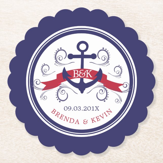 Röda och marinblå nautiska ankare bröllop monogram underlägg papper (Framsida)