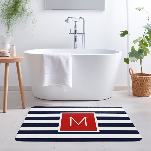 Röda och marinblå randiga monogram badrumsmatta (Skapare uppladdad)
