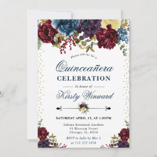 Röda och marinblå vinterblommor Quinceanera Inbjudningar