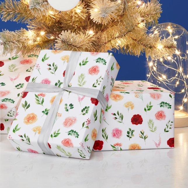Röda och orange blommor med lövverk mönster presentpapper (Helgdagar)