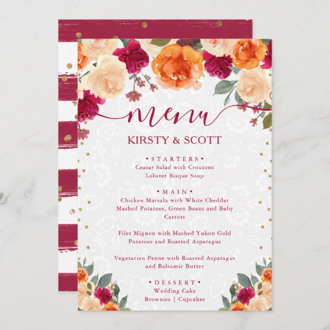 Röda och Orange - fallande automatiska flödor Bröl Meny (Fram/baksida)