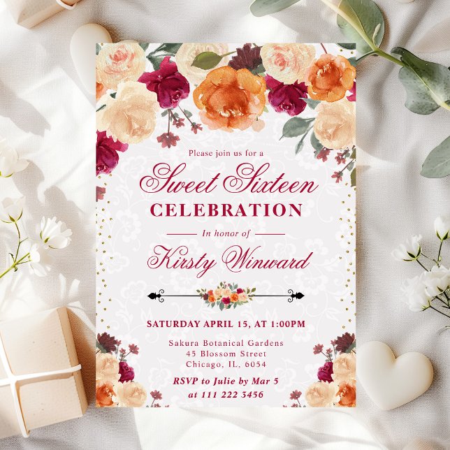 Röda och orange höstblommor Sweet Sixteen Inbjudningar (Skapare uppladdad)