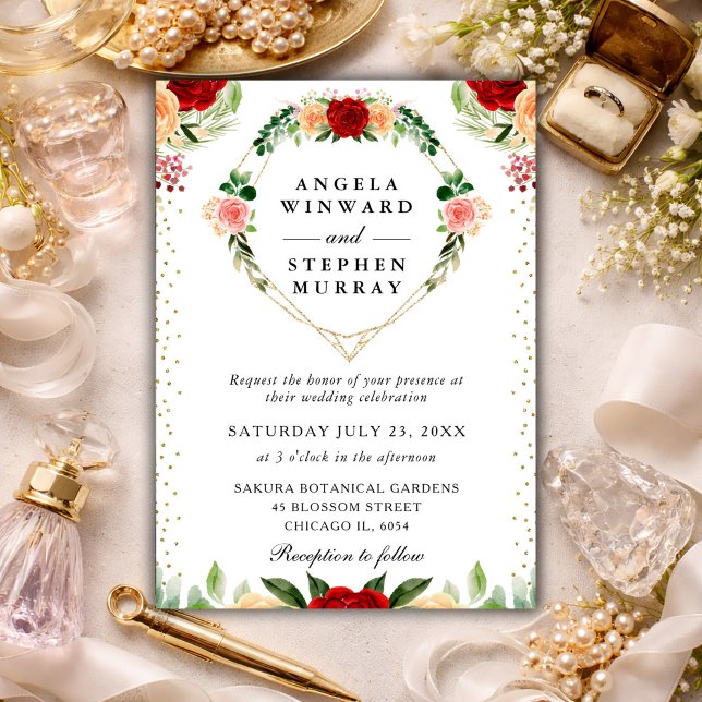 Röda och Orange Rosor Blommor Hjältekrans Bröllop Inbjudningar (Skapare uppladdad)