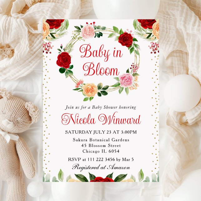 Röda och orange rosor blommor krans baby shower inbjudningar (Skapare uppladdad)
