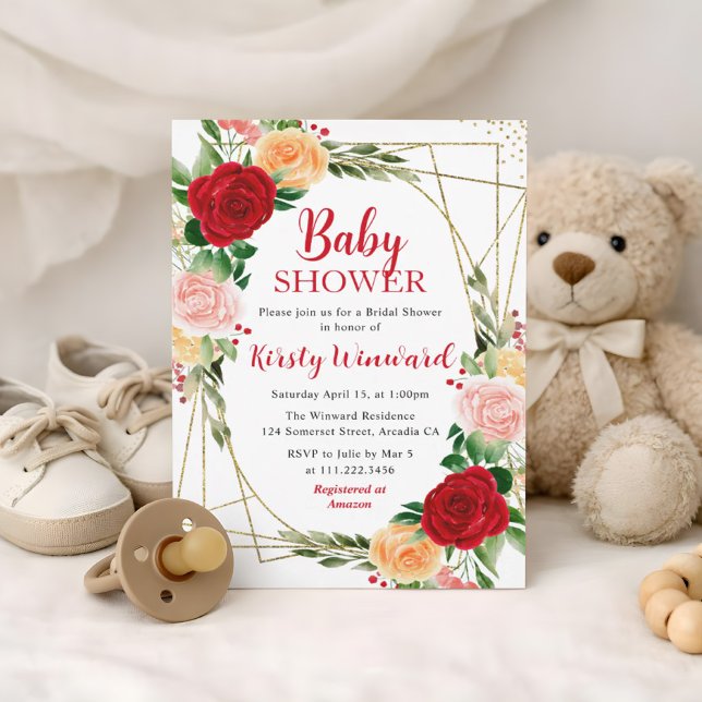 Röda och orange rosor & Guld ram Baby Shower Inbjudningar (Skapare uppladdad)