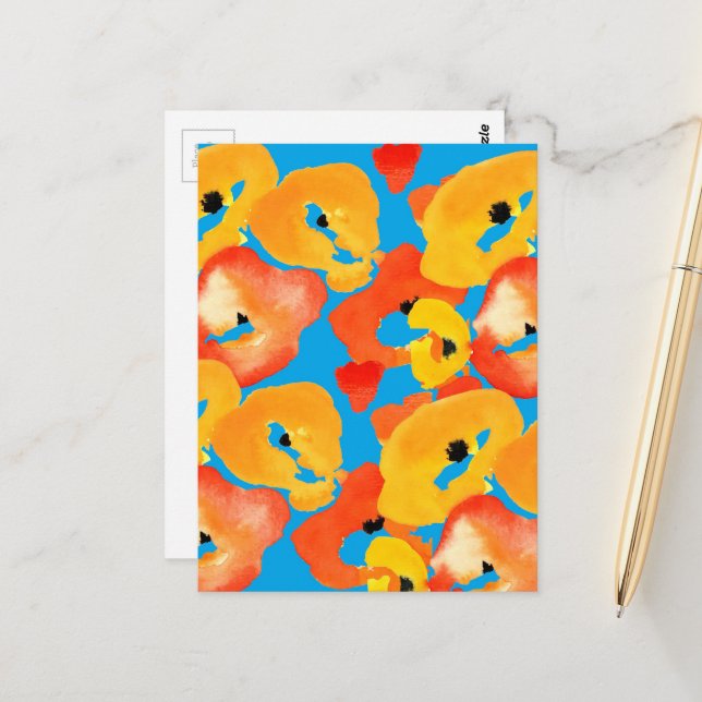 Röda och orange vallmosor blomsterkonst vykort (Fram/Back In Situ)