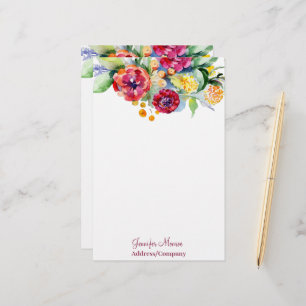 Röda och orangea akvarellblommor anpassade brevpapper