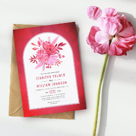 Röda och rosa blommor och åsna bröllop inbjudningar