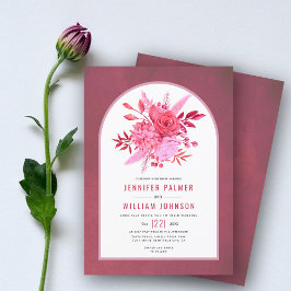 Röda och rosa blommor och åsna bröllop inbjudningar