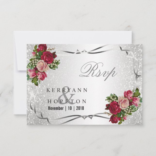 Röda och Rosa Blommor och Silverglitter - RSVP OSA Kort (Framsida)